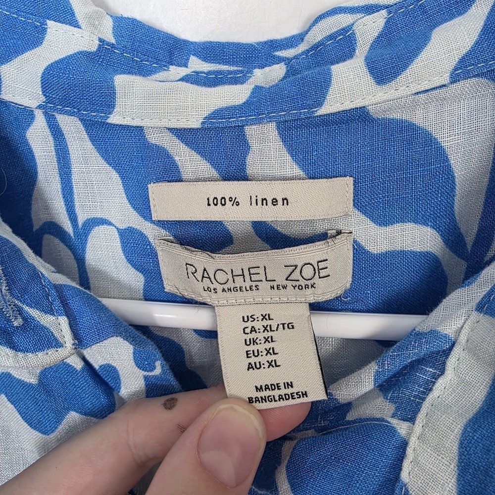 Rachel Zoe Blue White Printed 100% Linen Beachy Coastal Button Up Shirt Size XL - Picture 3 of 6